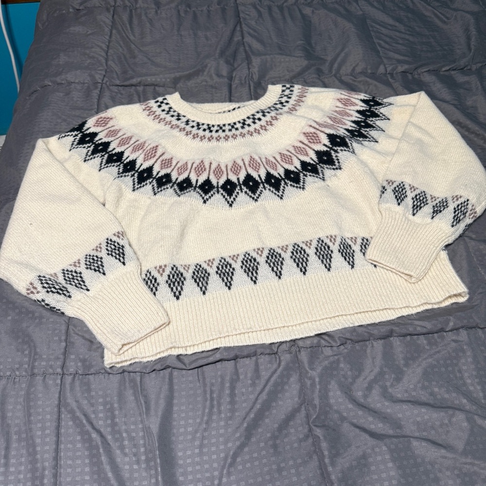 Lucky Brand Womens Off White Patterned Accents Crew Neck Pullover Sweater Size L